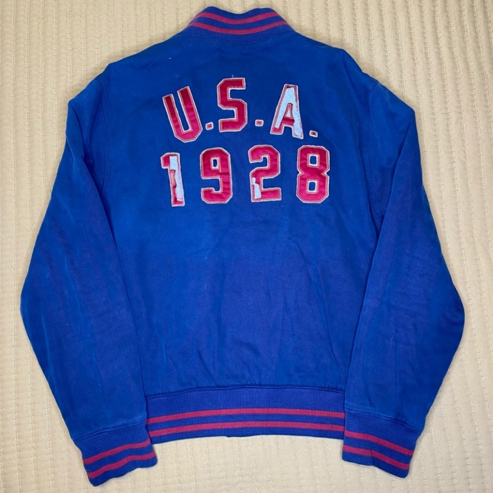 Vintage Polo Ralph Lauren USA 1928 Spellout Bomber Snap Up Jacket PRL Large Blue